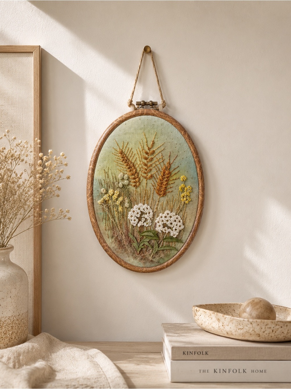 Original Botanical Fiber Art 6x8 | Hand Embroidery, Pressed Flowers
